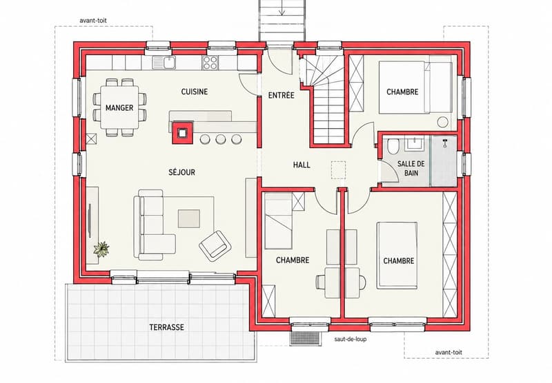 Floor plan of a house with a living room, dining room, kitchen, three bedrooms, bathroom, entrance hall, and terrace.