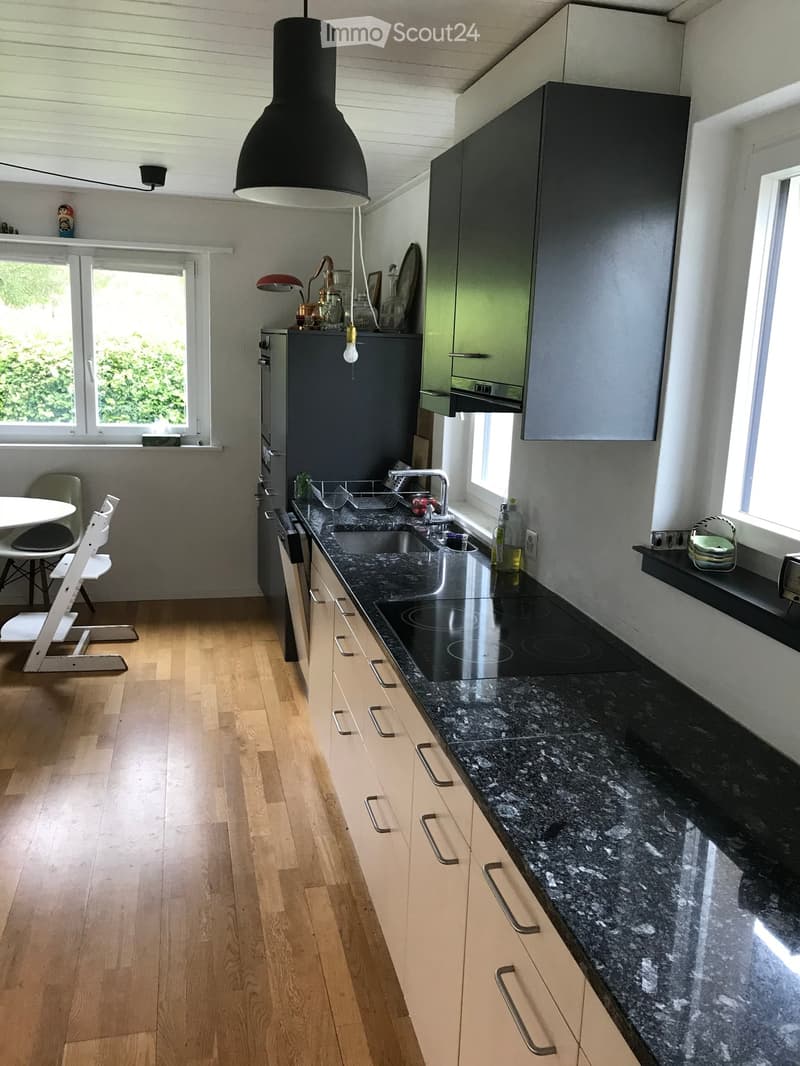 Modern kitchen with light wooden flooring, granite countertops, stainless steel appliances, and built-in cabinets. Features an induction cooktop, sink, and a small dining area with a table and chairs.