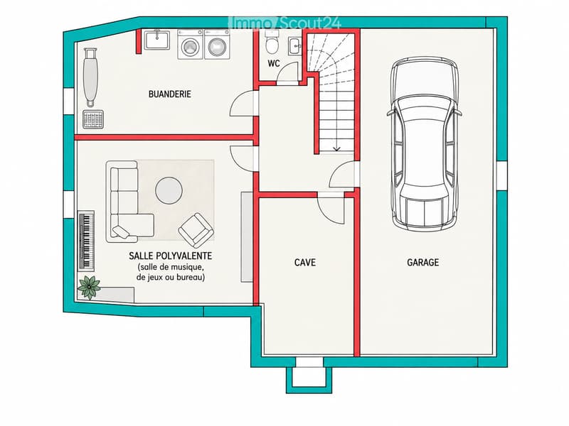 Layout includes a multi-purpose room, laundry area, WC, cave, and garage. The multi-purpose room is labeled for music, games, or office use.