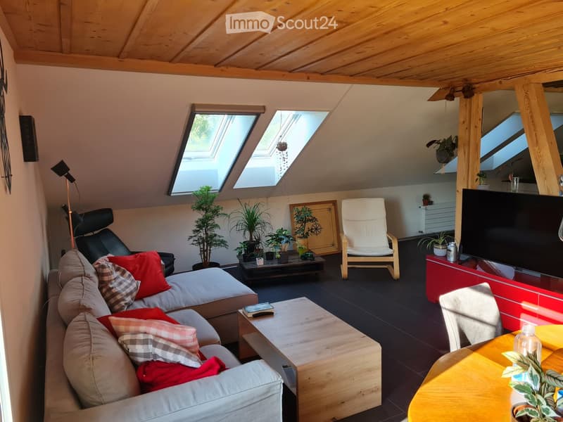 Modern living room with exposed wooden ceiling beams, skylights, a grey sectional sofa with red and checkered cushions, a wooden coffee table, a white armchair, a TV stand, and several potted plants.