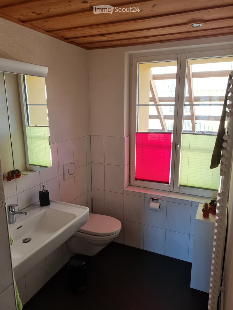 Modern bathroom with white tiles, a sink, toilet, mirror, and small potted plants on a cabinet.