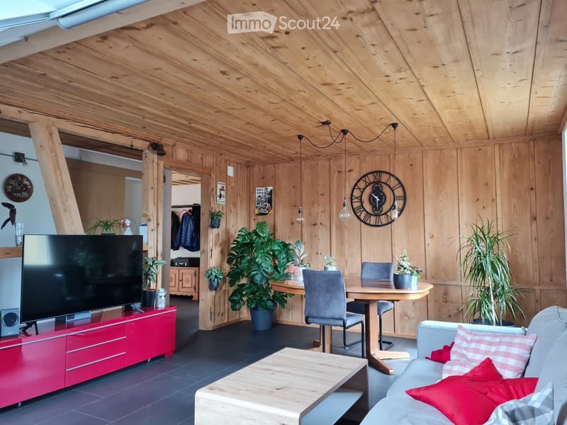 A cozy living room with wooden walls and ceiling, featuring a grey sofa with red and pink pillows, a wooden coffee table, a red TV stand, a dining table with chairs, and several potted plants.