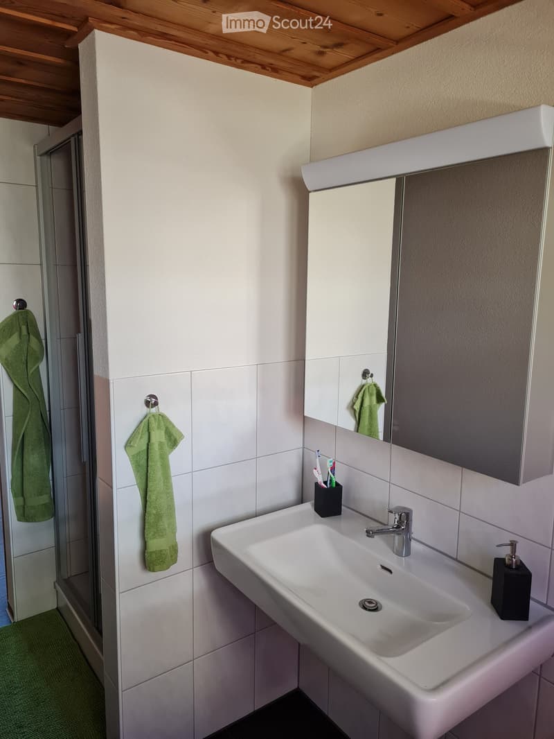 Modern bathroom with a white sink, chrome faucet, mirror cabinet, and green towels hanging on the wall.