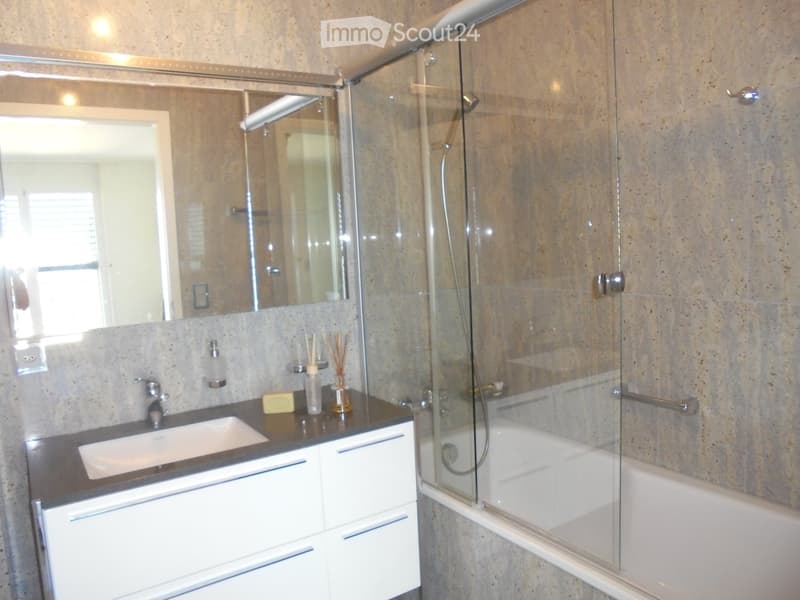 Modern bathroom with a white sink, mirrored cabinet, and a glass-enclosed bathtub. The countertop features a soap dispenser, candle, and vase.