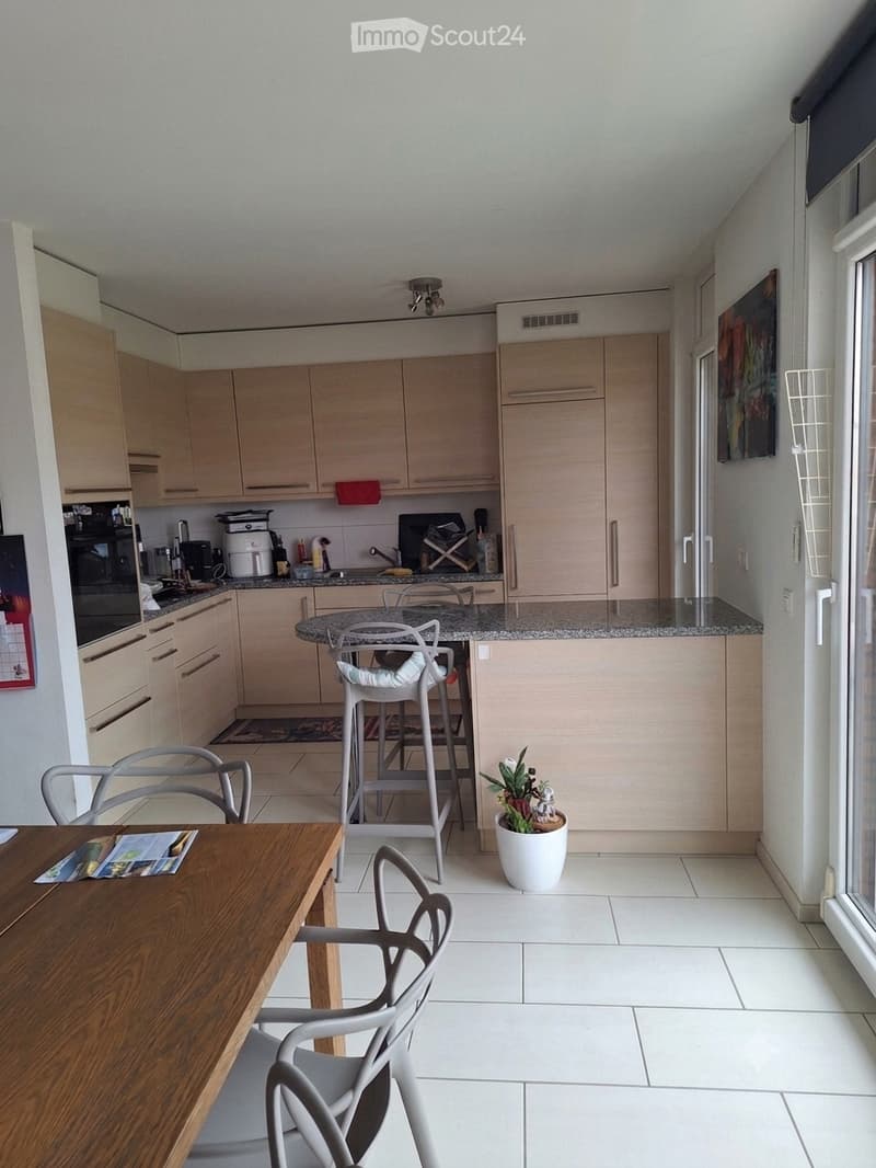 Modern kitchen with light wood cabinets, granite countertops, and stainless steel appliances. Includes a round island with bar stools, a dining table with chairs, and a potted plant near the window.