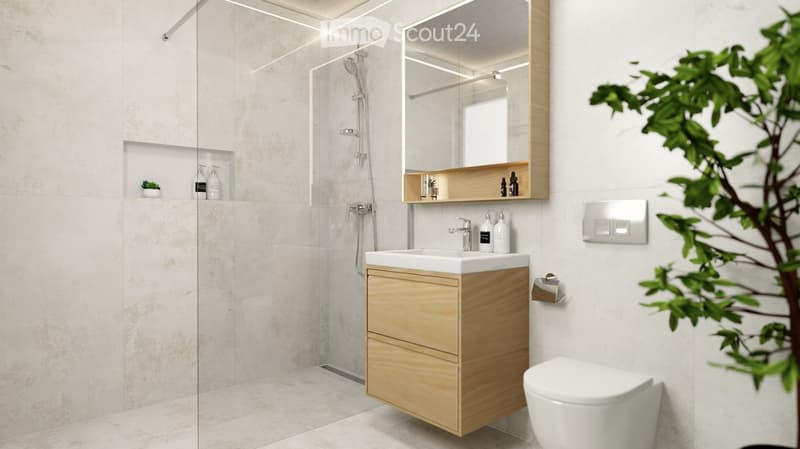 Modern bathroom with a white sink, wooden cabinet, toilet, large mirror, and a glass-enclosed shower area. Includes a small plant and decorative bottles on the shelves.