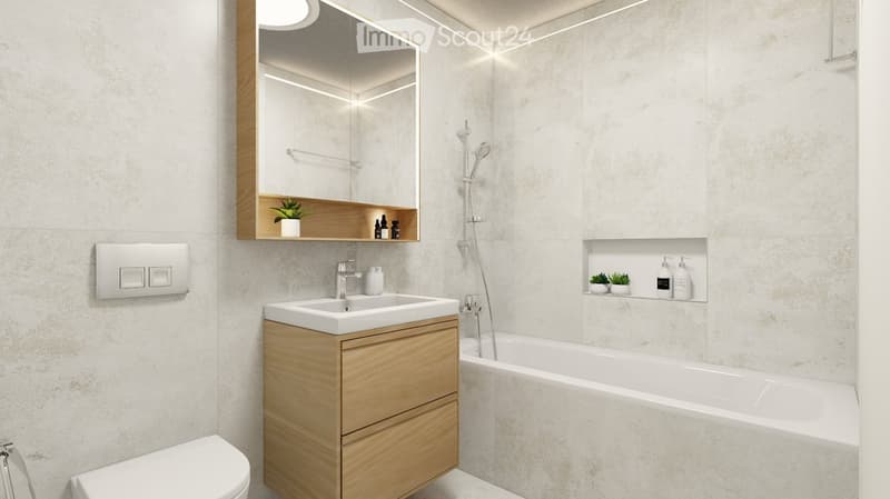 Modern bathroom with a white sink, wooden cabinet, large mirror, bathtub, and built-in shelves holding toiletries and small plants.