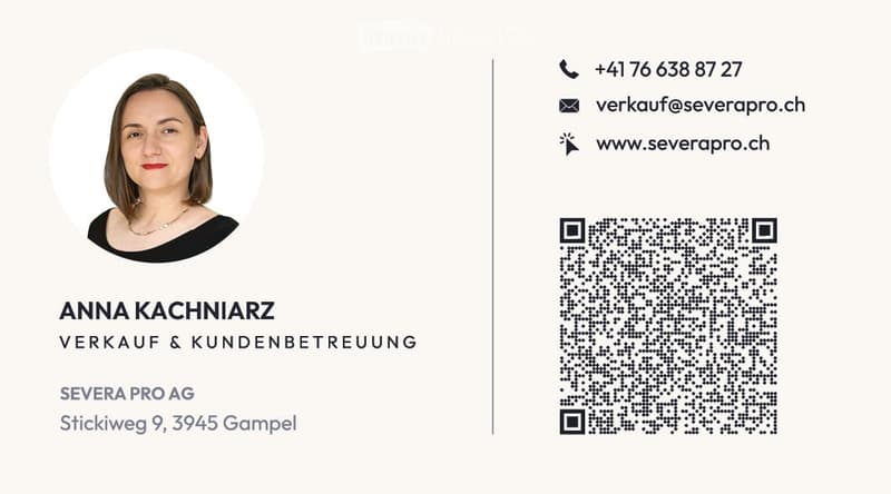 Professional business card for Anna Kachniarz, Sales & Customer Service at Severa Pro AG, located in Gampel. Includes contact details and a QR code.