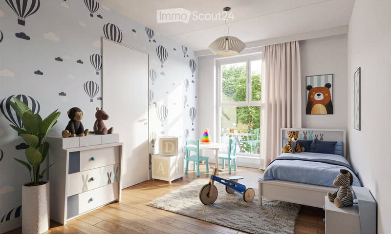 A well-lit children's bedroom with a bed, nightstand, toy car, and decorative elements like a plant and picture frame. The room features a large window with curtains and a playful theme with hot air balloon decals on the wall.