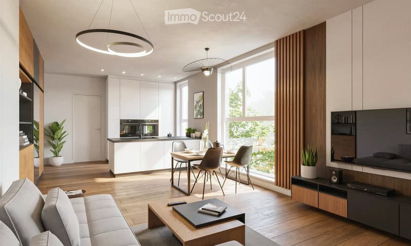 Modern open-plan living and dining area with a grey sofa, coffee table, dining table with chairs, kitchen island, microwave, large TV, floor lamp, and potted plants.