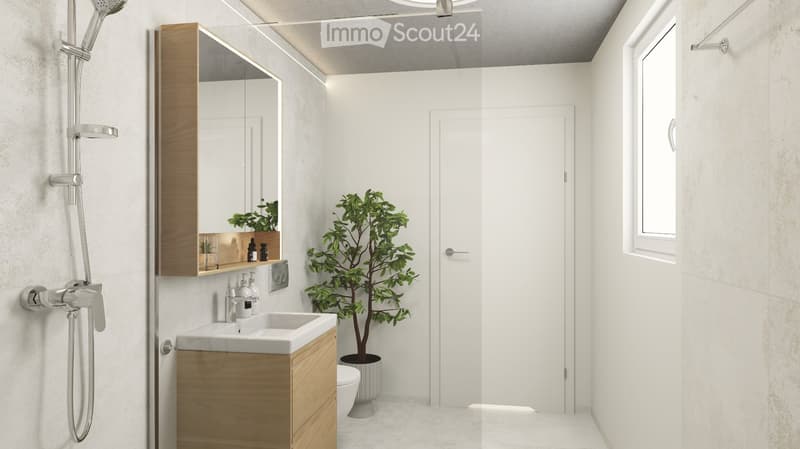 Modern bathroom with white walls, wooden vanity, sink, mirror, shower, and potted plant.
