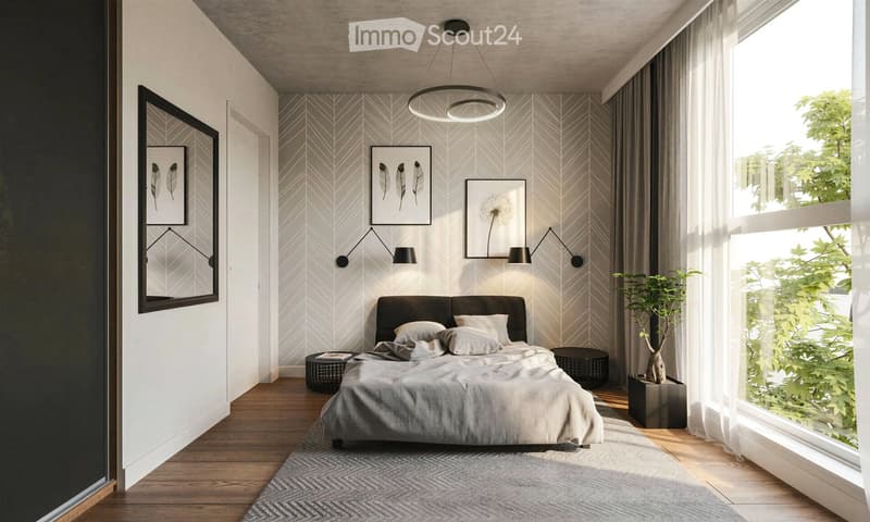 Modern bedroom with a large bed, nightstands, wall-mounted lamps, a circular pendant light, a potted plant, and wall art featuring feathers and a dandelion.