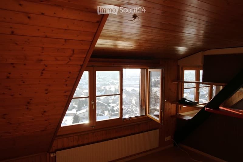 Empty room with wooden walls and ceiling, large windows offering a view of a snowy town, radiator, and a small shelf with a few items.