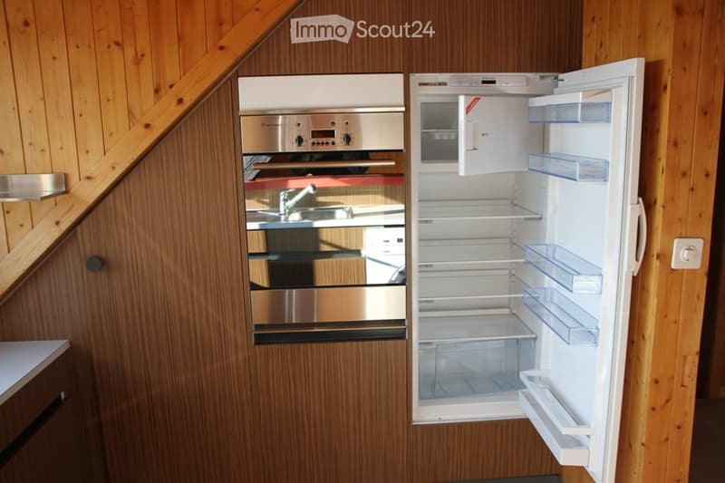 Modern kitchen with wooden paneling, stainless steel oven, and open refrigerator with empty shelves.