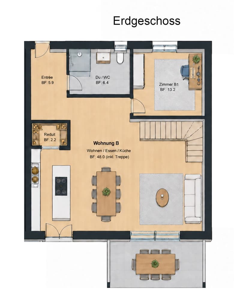 Ground floor floor plan showing entrance, bathroom, living/dining/kitchen area, bedroom, and additional room.