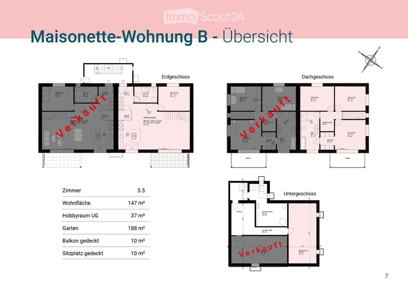 Floor plan of a maisonette apartment B, showing three levels: ground floor, roof floor, and basement. Includes living room, kitchen, bedrooms, bathrooms, balcony, and garden.