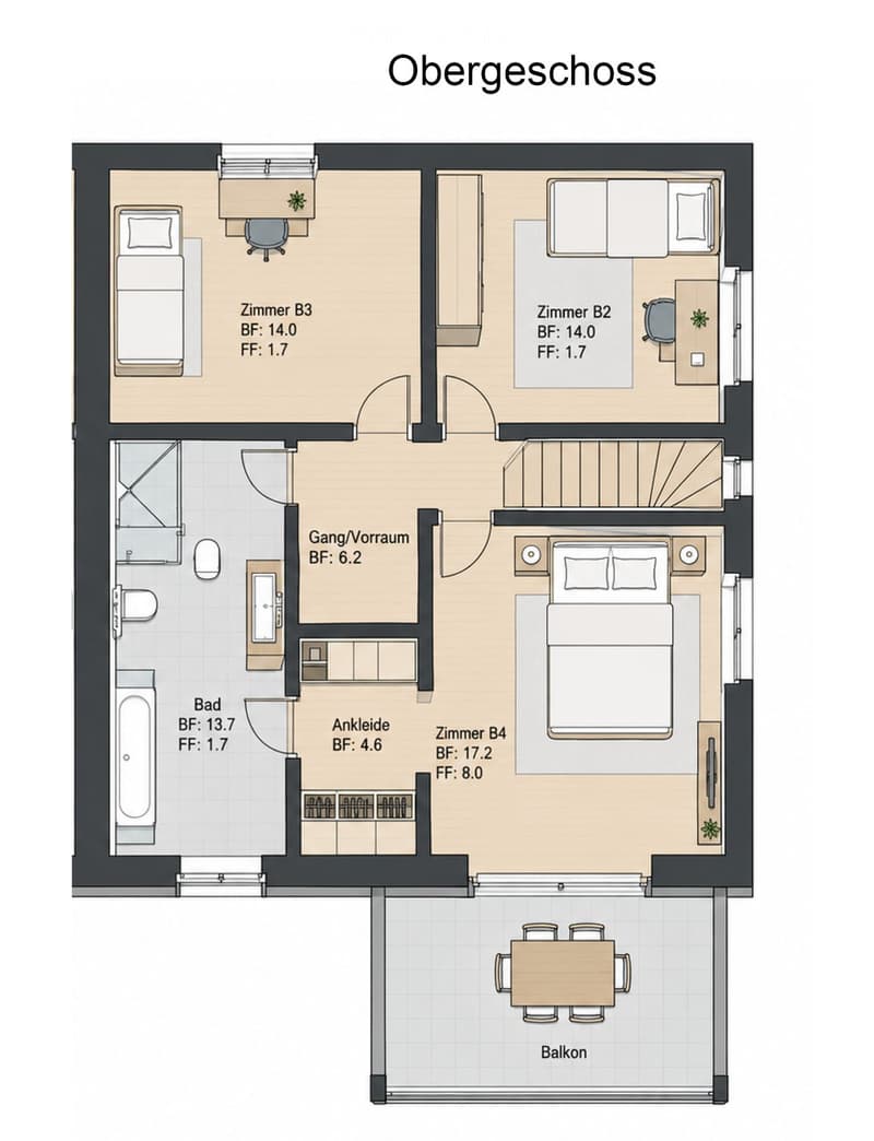 Layout of the upper floor showing four bedrooms, a bathroom, hallway, dressing room, and balcony.