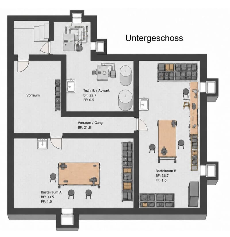 Layout of a basement level showing a technical/utility area, two workshop spaces (Bastelraum A and B), a hallway, and a storage area.