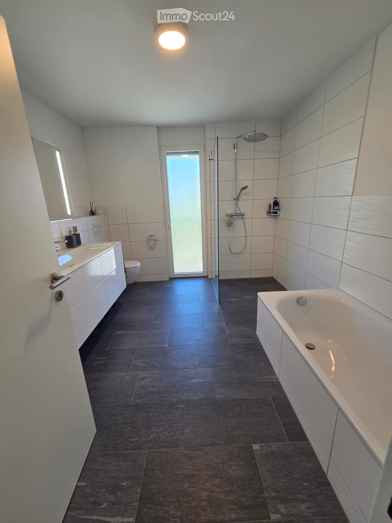 Modern bathroom with dark tiled floor, white walls, bathtub, sink, mirror, toilet, and shower area with glass enclosure.