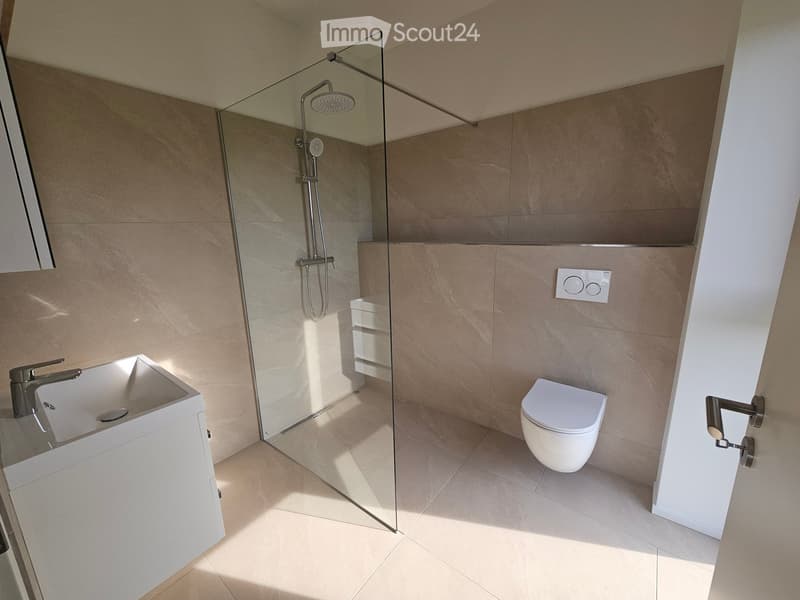 Modern bathroom with a white sink, chrome faucet, toilet, and glass-enclosed shower with a handheld showerhead. Light beige tiles on walls and floor.