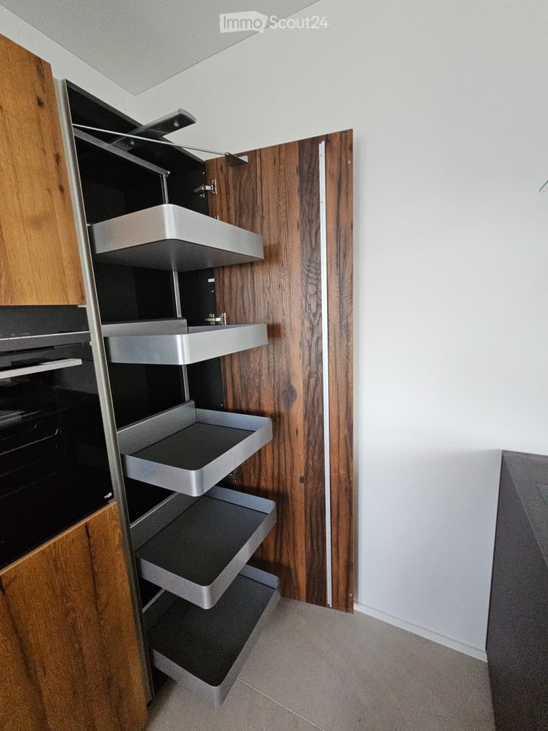 Modern kitchen with wooden cabinets, stainless steel sink, and multiple drawers.