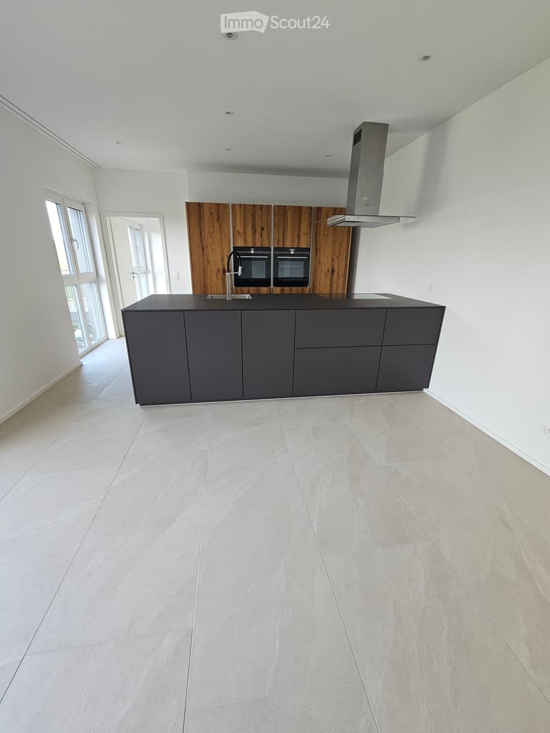 Modern, minimalist kitchen with grey cabinets, a central island, and built-in ovens. The space features light-colored tiles and ample natural light from large windows.