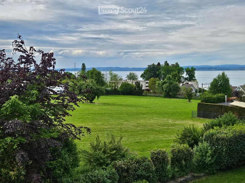 A well-maintained green lawn with trees and shrubs, surrounded by a fence, with a view of a body of water and distant hills in the background.