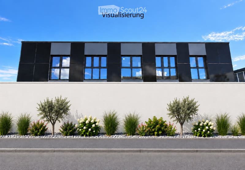 Modern two-story building with black and white facade, large windows, and landscaped garden with shrubs and trees.