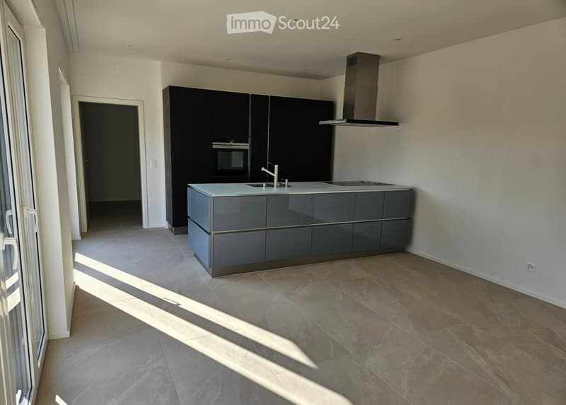 Modern kitchen with dark grey cabinets, a central island with a light countertop, and built-in appliances including an oven and range hood. The floor is tiled, and the space is well-lit with natural light from a large window.
