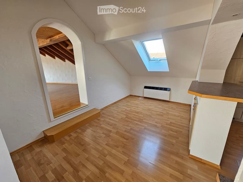 Empty attic room with wooden flooring, white walls, skylight window, and a small built-in bench near an arched doorway.