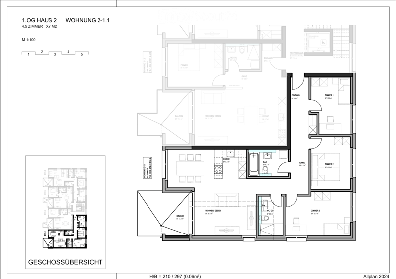 Floor plan of a 4.5-room apartment on the first floor, including living-dining area, kitchen, three bedrooms, two bathrooms, and a balcony.