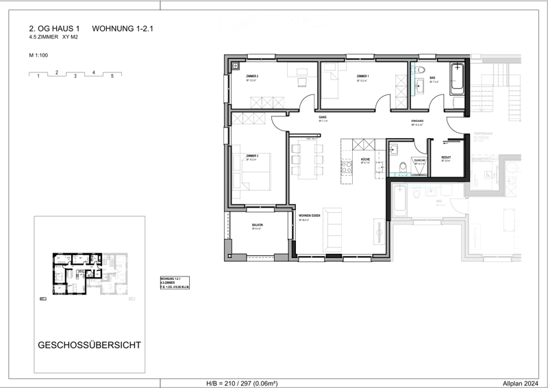 Floor plan of a 4.5-room apartment on the second floor, including living room, kitchen, three bedrooms, two bathrooms, hallway, and balcony.