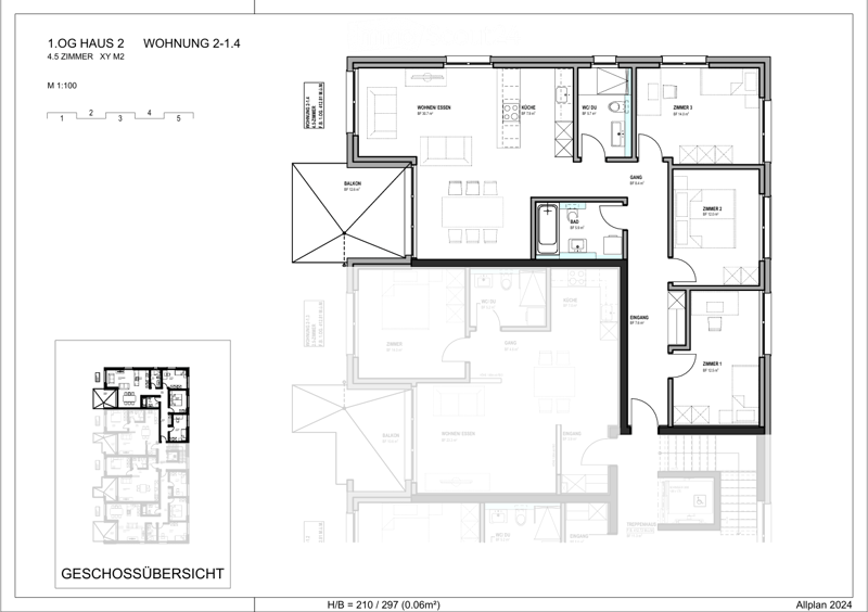 Floor plan of a 4.5-room apartment on the first floor of Haus 2, including living-dining area, kitchen, three bedrooms, two bathrooms, and two balconies.