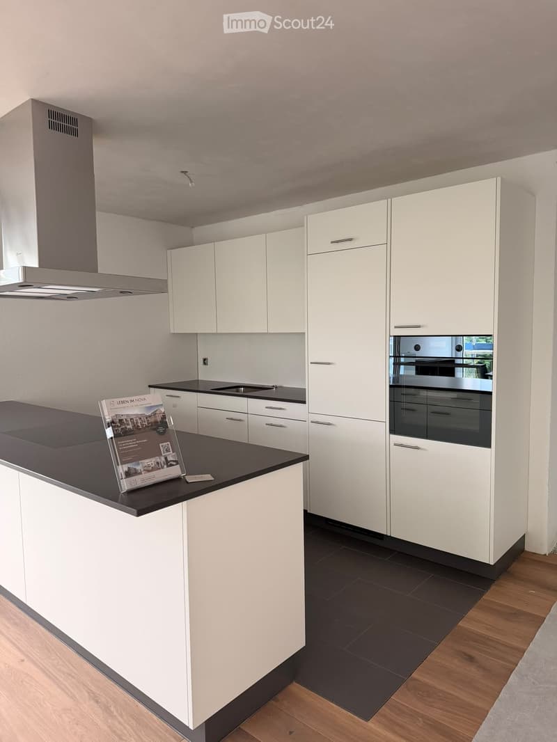 Modern kitchen with white cabinets, black countertop, and stainless steel oven. Features a central island with a black countertop and a brochure on display.