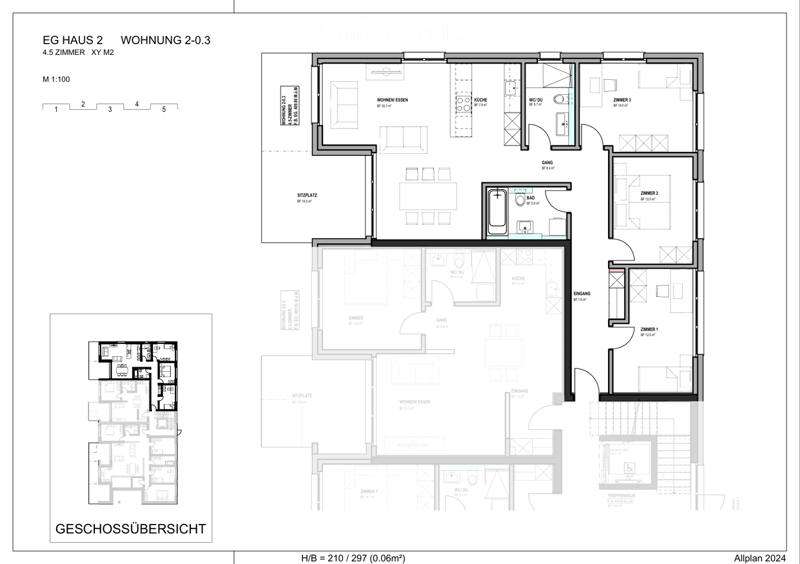 Floor plan of a 4.5-room apartment with labeled rooms including living/dining area, kitchen, bathrooms, bedrooms, entrance, and hallway.