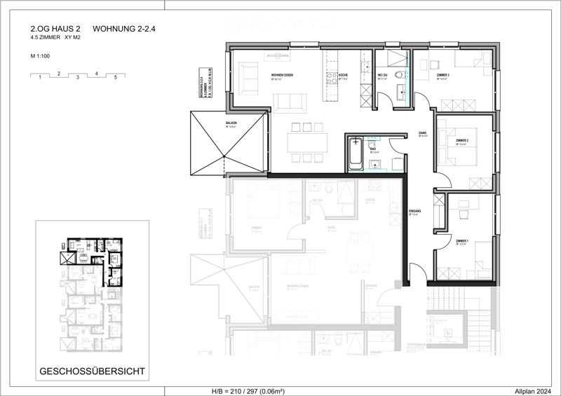Floor plan of a 4.5-room apartment on the second floor, featuring a living-dining area, kitchen, three bedrooms, two bathrooms, and two balconies.