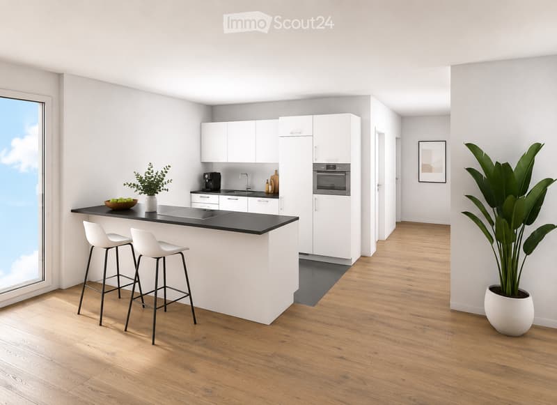 Modern kitchen with white cabinets, black countertop, island with two stools, coffee maker, sink, oven, and decorative plants.
