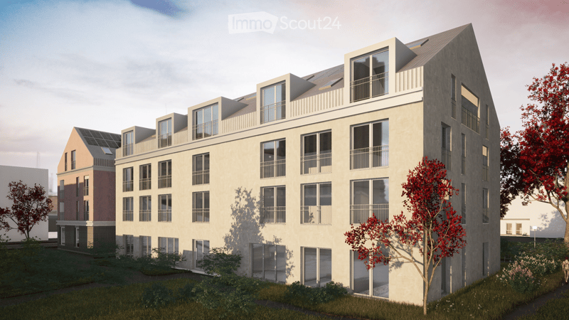 Modern multi-story residential building with large windows, balconies, and contemporary design. Features include a flat roof, solar panels, and surrounding greenery.
