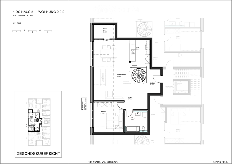 Floor plan of a 4.5-room apartment on the first floor of Haus 2, including a living-dining area, kitchen, bedroom, bathroom, hallway, and entrance.