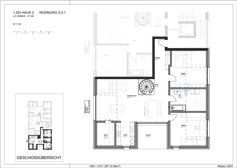 Floor plan of a 4.5-room apartment on the first floor of Haus 2, including living spaces, bedrooms, bathrooms, kitchen, and balcony.