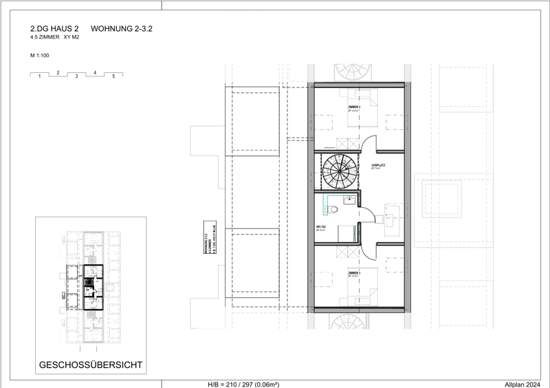 Floor plan of a 4.5-room apartment on the second floor, including a living area, three bedrooms, a bathroom, and a hallway.