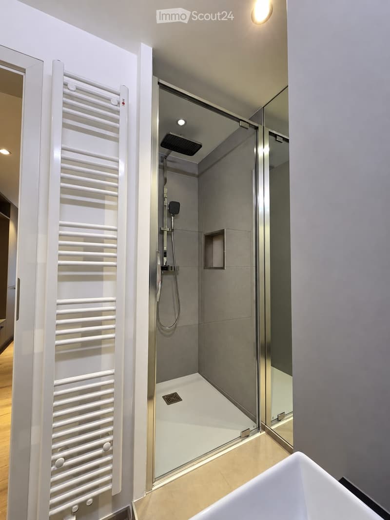 Modern bathroom with a glass-enclosed shower, a white radiator, and a white sink.