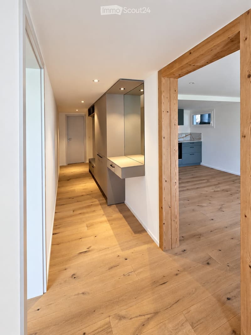 Modern hallway with light wooden flooring, white walls, built-in storage unit with mirrored front, and recessed lighting. The hallway leads to a room with a visible kitchen area featuring blue cabinets and a sink.