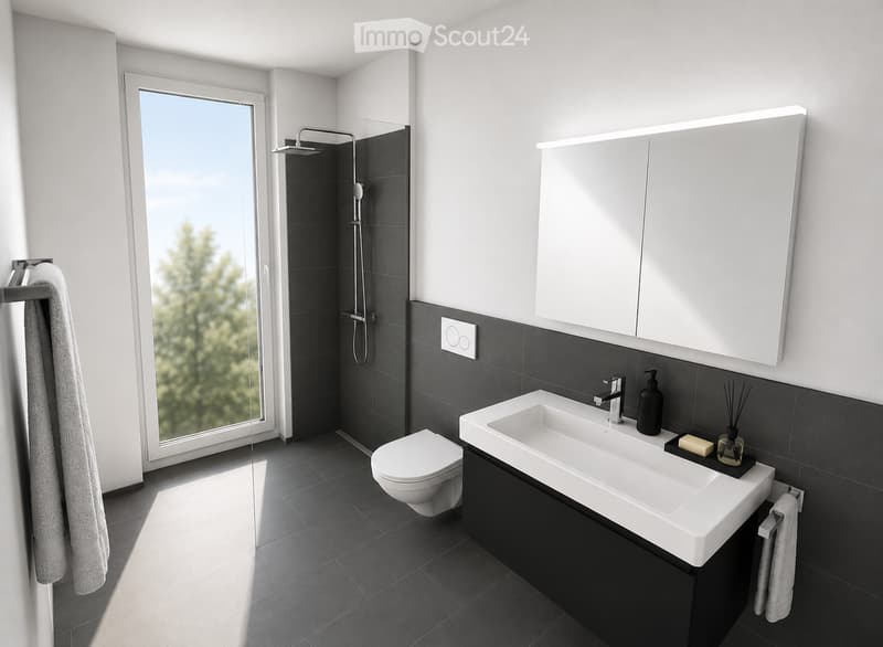 Modern bathroom with a large window, white sink, toilet, mirror cabinet, shower, and towels.