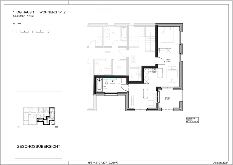 Floor plan of a 1.5-room apartment on the first floor, including a living room, kitchen, bathroom, and balcony.