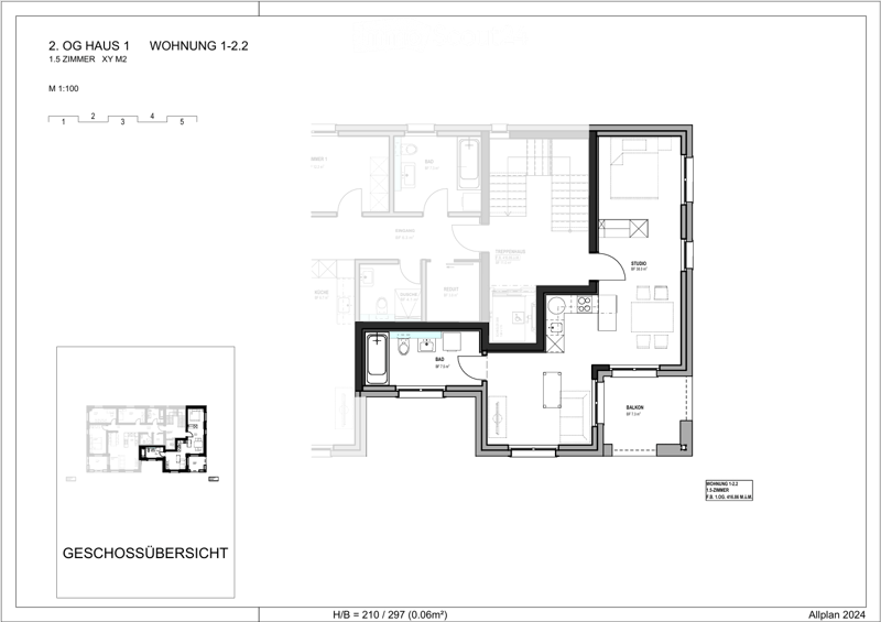 Floor plan of a 1.5-room apartment on the second floor, including a living room, kitchen, bathroom, hallway, and balcony.
