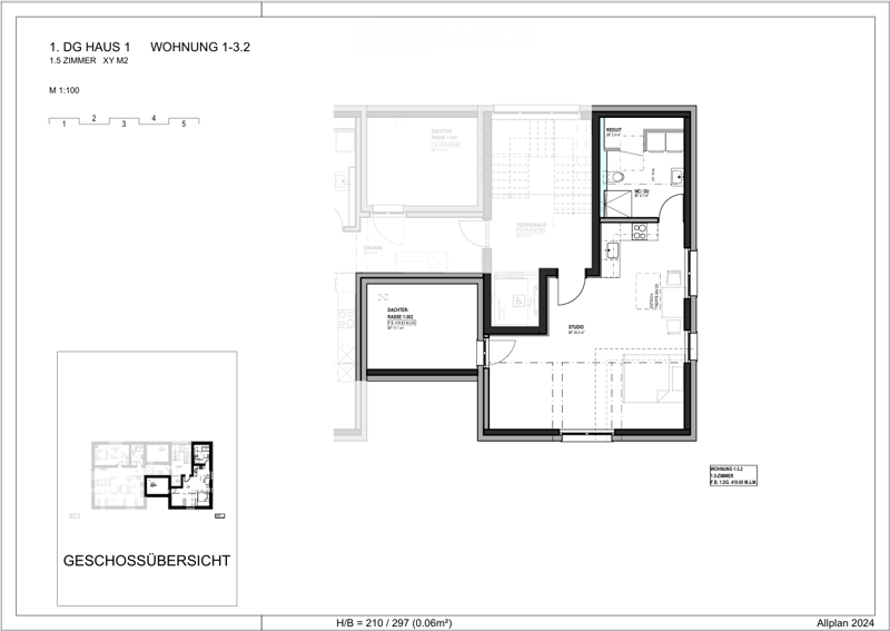 Floor plan of a 1.5-room apartment on the first floor, including a studio, bathroom, and entrance area.