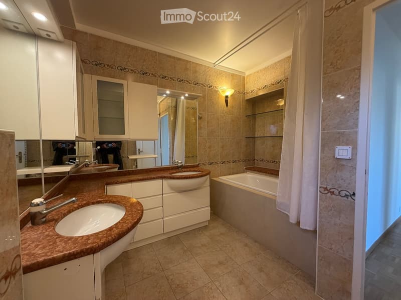 Modern bathroom with a double sink vanity, bathtub, and mirrored cabinets.