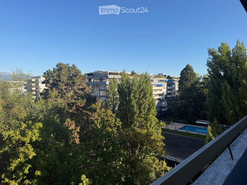 View from a balcony overlooking a landscaped garden area with a swimming pool, surrounded by tall trees and apartment buildings in the background.