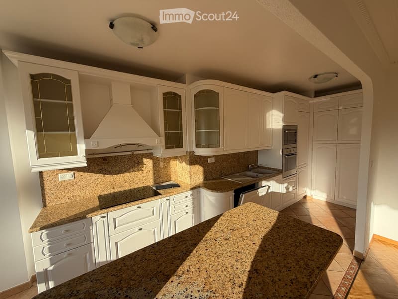 Modern kitchen with white cabinets, granite countertops, and stainless steel appliances including a sink, oven, and range hood.
